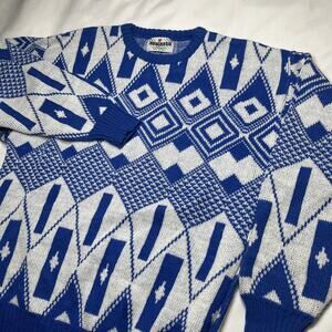Vtg Rubirosa Women Pullover Sweater Size S Wool Blend Blue White Geometric Italy